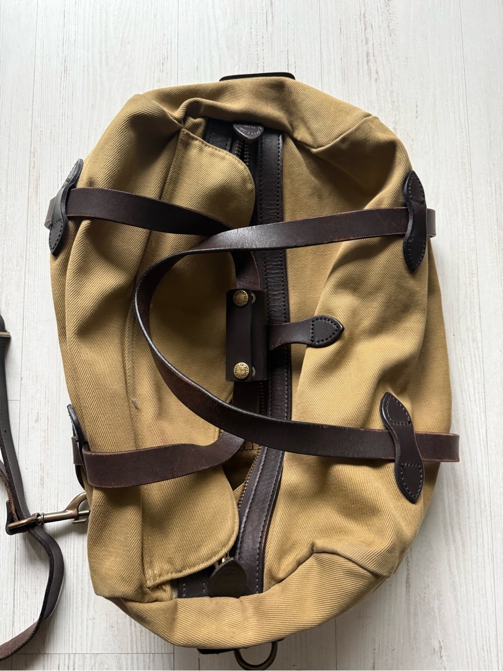 Filson Small Duffle Bag Tan Rugged Twill Leather Made in USA Unisex Vintage - Picture 2 of 15
